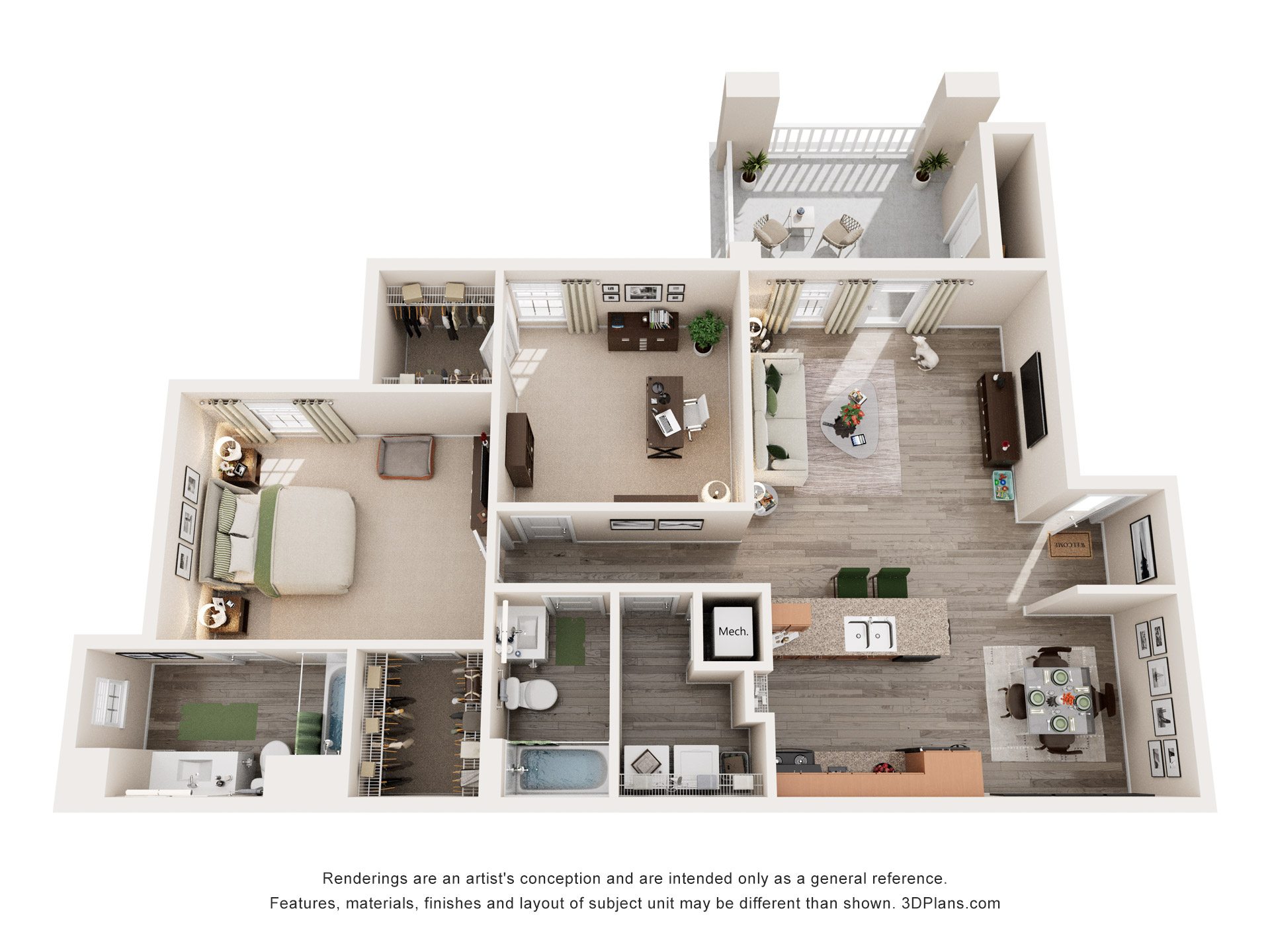 Floor plan for 2 beds, 2 baths, 1238 sqft
